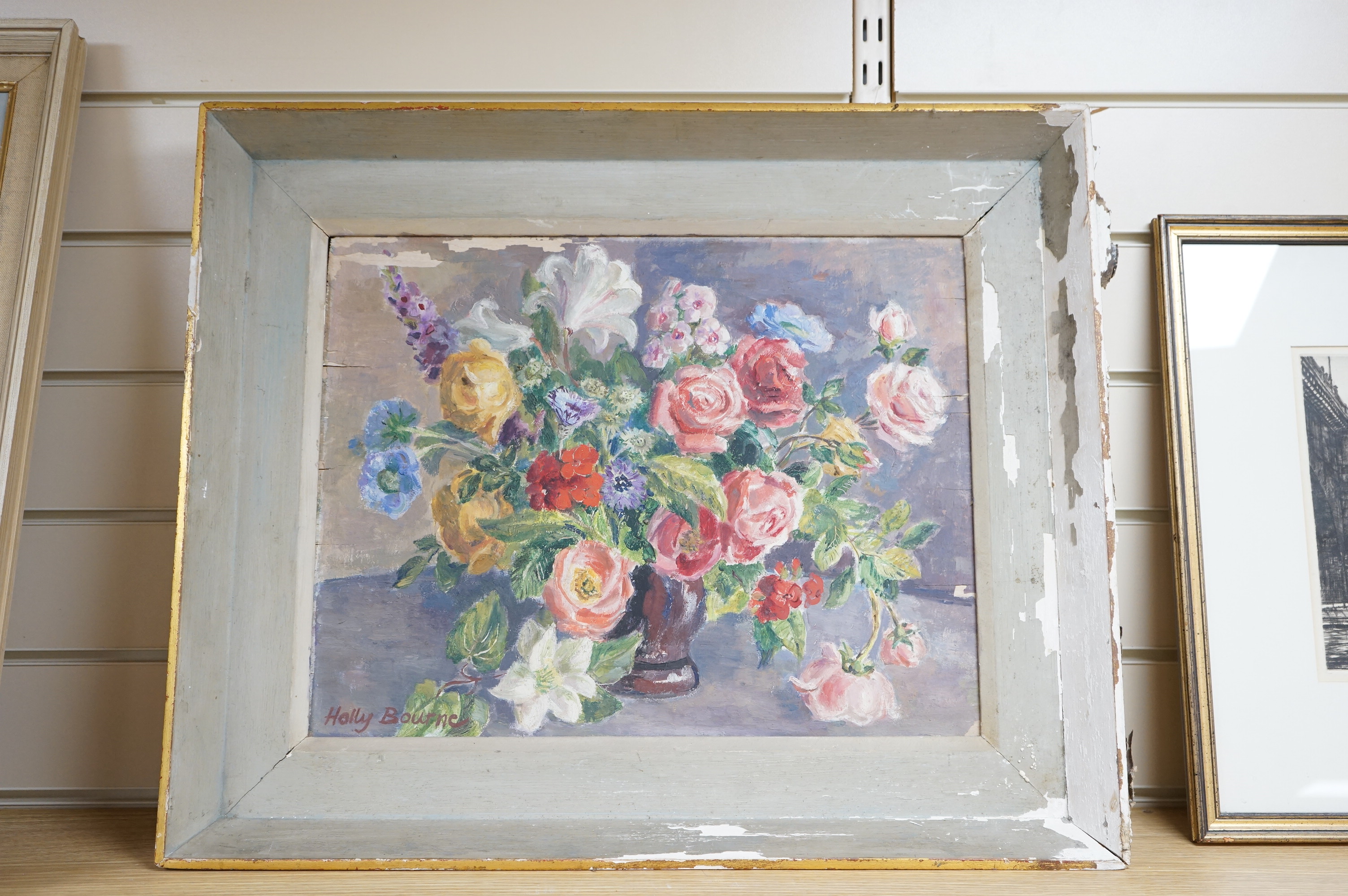 Holly Bourne, oil on board, Still life of flowers in a vase, signed, 34 x 45cm. Condition - poor